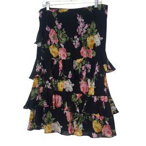 Chaps Womens Floral Ruffle Skirt M Black Pink Yellow Midi Fairycore  Cottage Y2K